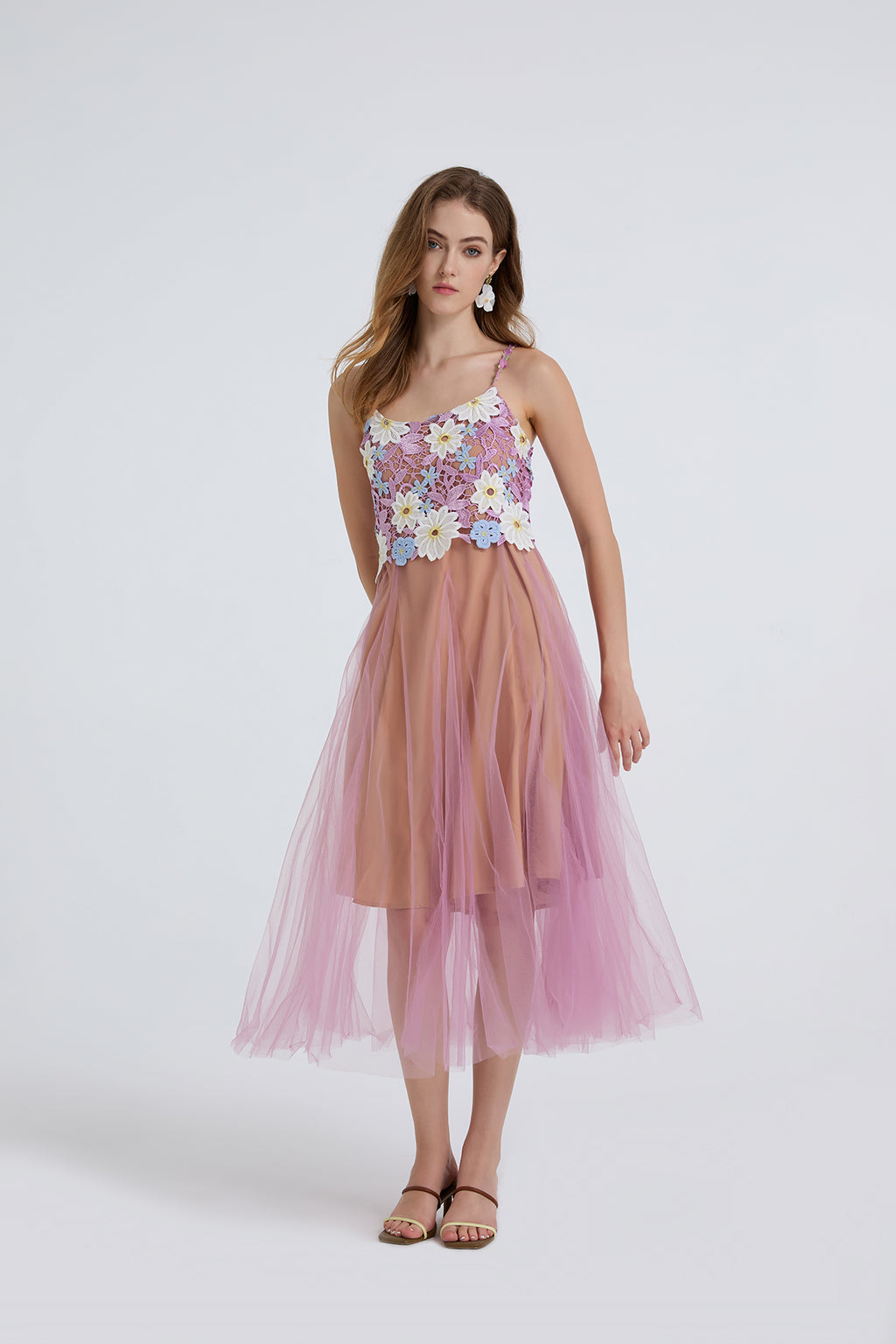 Women Summer Lace Embroidered Spaghetti Strap Patchwork Chiffon Maxi Dress ESUNG
