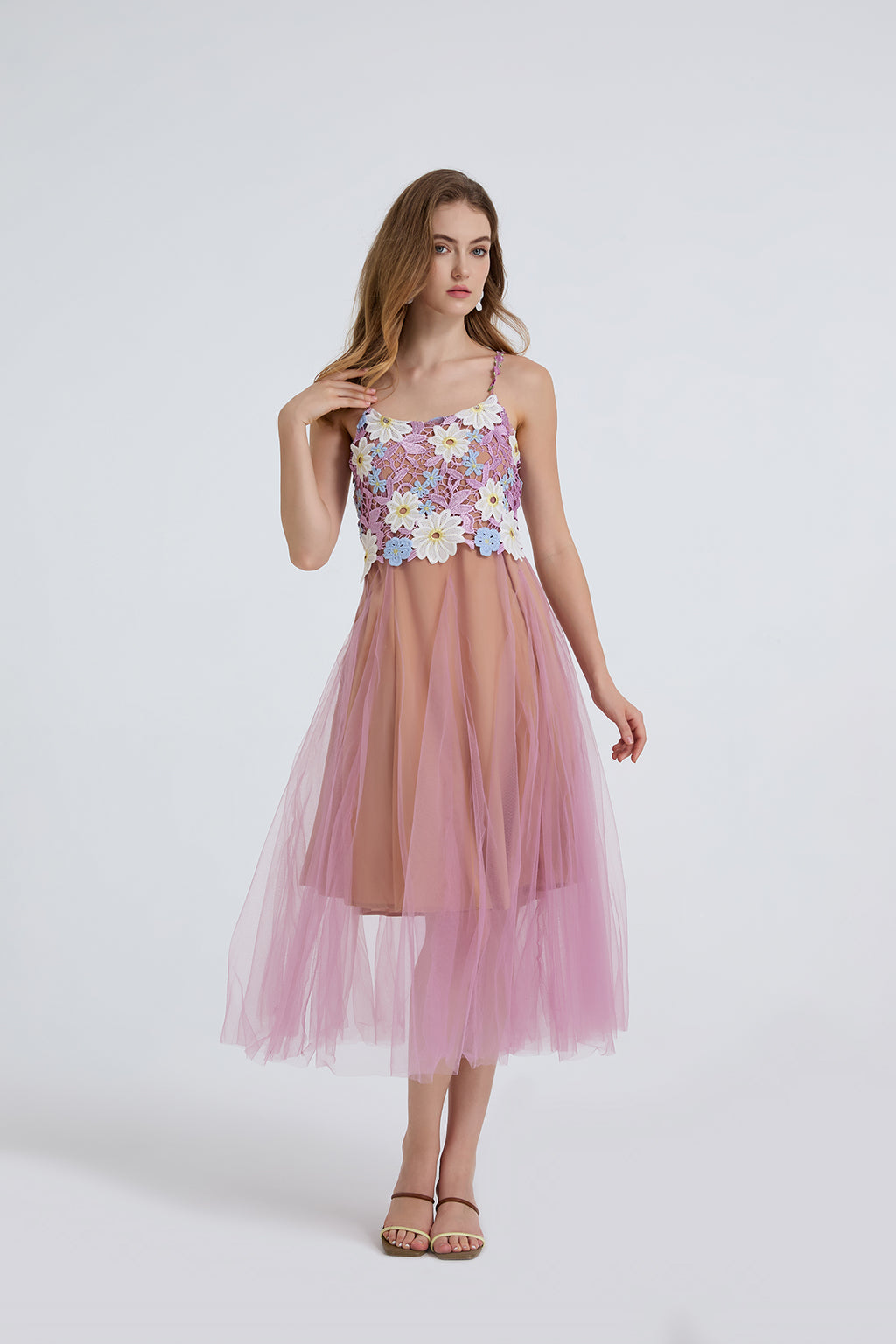 Women Summer Lace Embroidered Spaghetti Strap Patchwork Chiffon Maxi Dress ESUNG