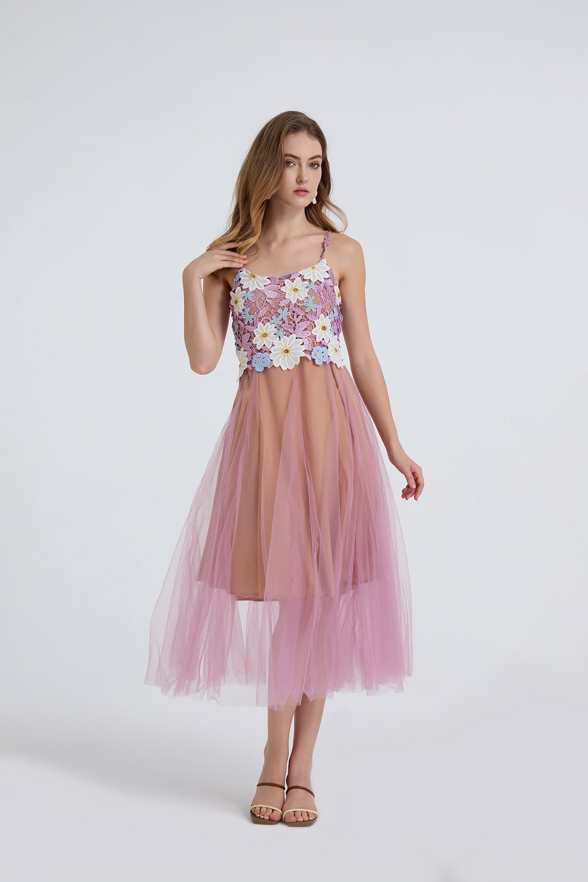Women Summer Lace Embroidered Spaghetti Strap Patchwork Chiffon Maxi Dress ESUNG