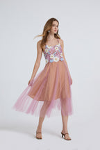 Women Summer Lace Embroidered Spaghetti Strap Patchwork Chiffon Maxi Dress ESUNG