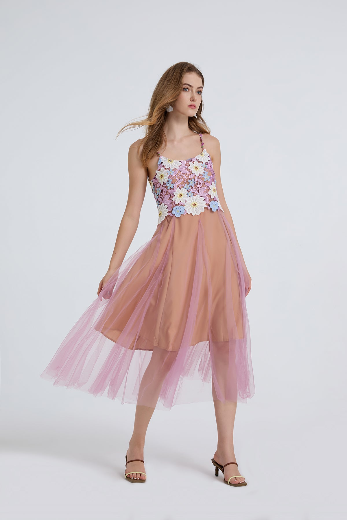 Women Summer Lace Embroidered Spaghetti Strap Patchwork Chiffon Maxi Dress ESUNG