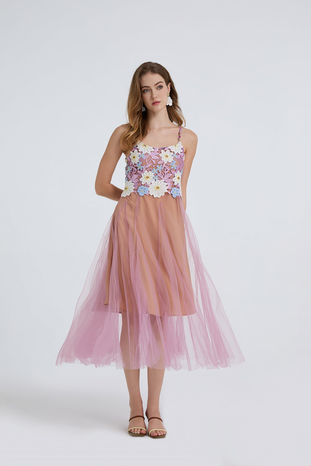 Women Summer Lace Embroidered Spaghetti Strap Patchwork Chiffon Maxi Dress ESUNG