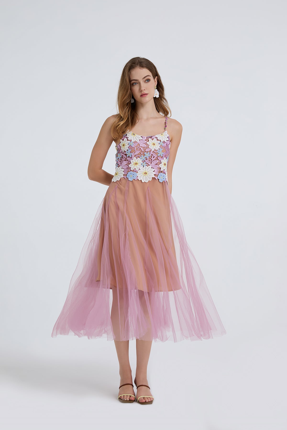 Women Summer Lace Embroidered Spaghetti Strap Patchwork Chiffon Maxi Dress ESUNG