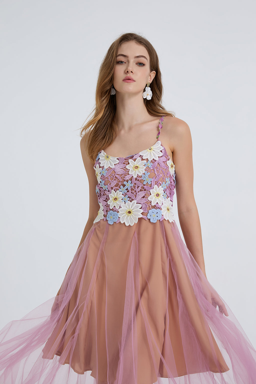 Women Summer Lace Embroidered Spaghetti Strap Patchwork Chiffon Maxi Dress ESUNG