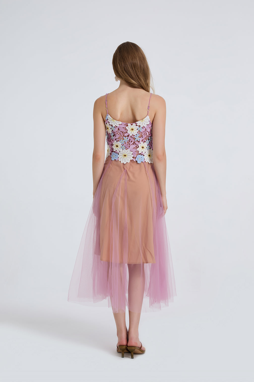 Women Summer Lace Embroidered Spaghetti Strap Patchwork Chiffon Maxi Dress ESUNG