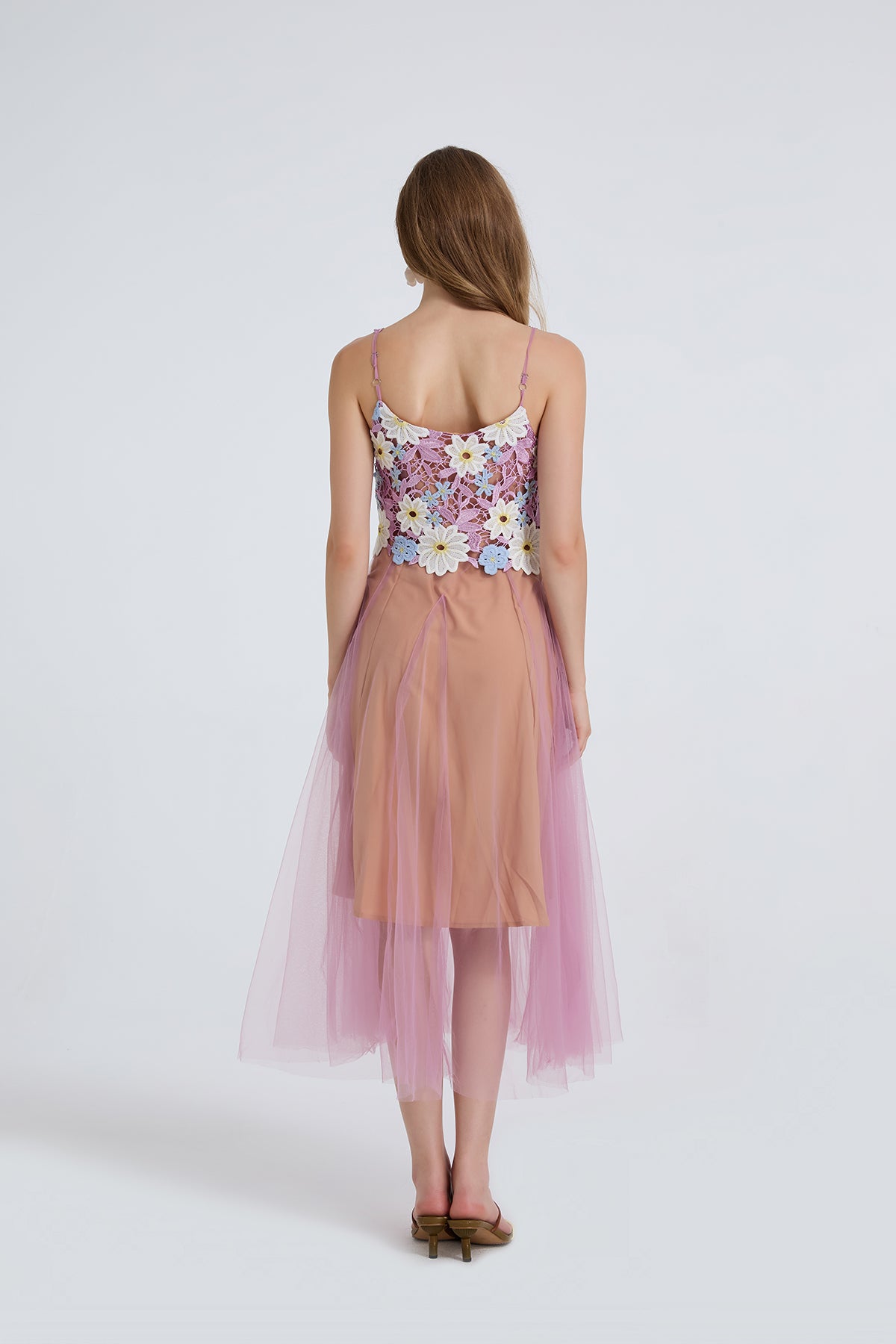 Women Summer Lace Embroidered Spaghetti Strap Patchwork Chiffon Maxi Dress ESUNG