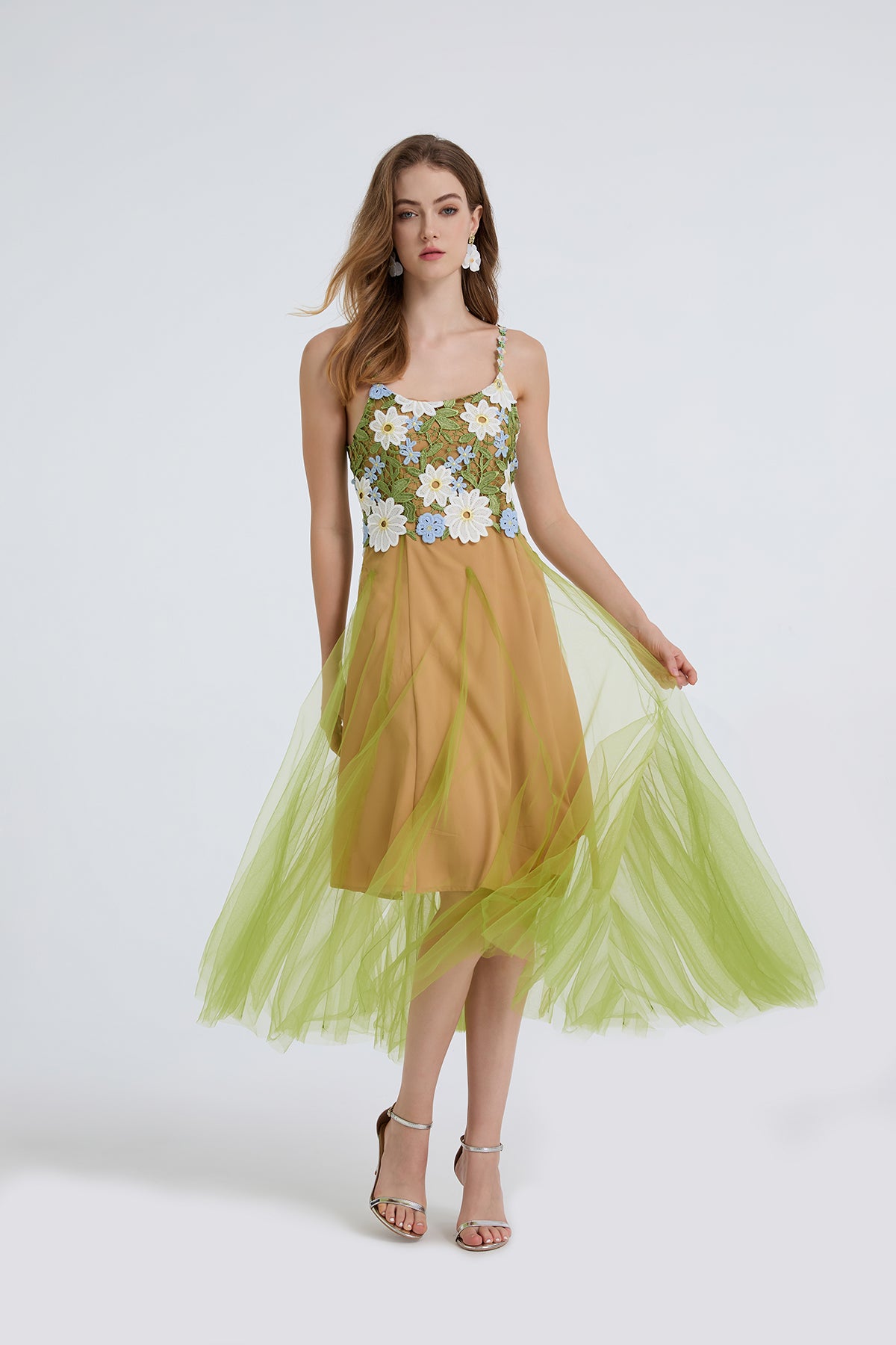 Women Summer Lace Embroidered Spaghetti Strap Patchwork Chiffon Maxi Dress ESUNG