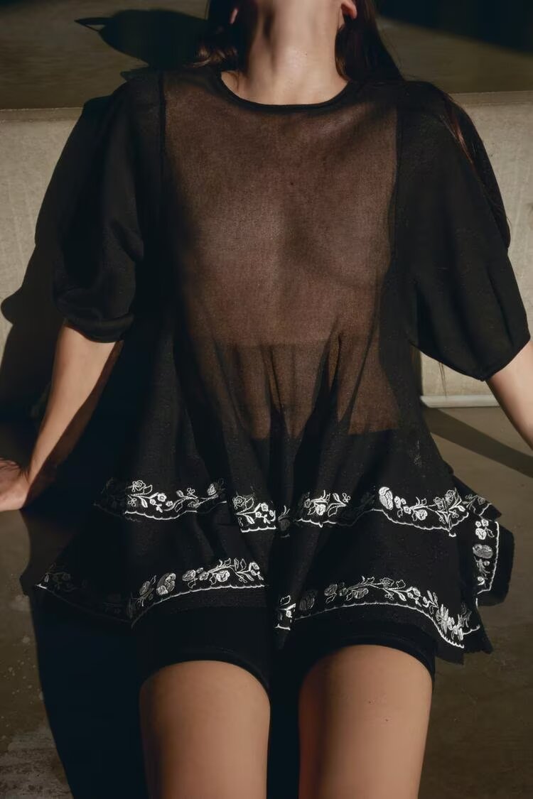Ropa de mujer Verano Cuello redondo Bordado Translúcido Camisa de Manga Larga Top Mujer
