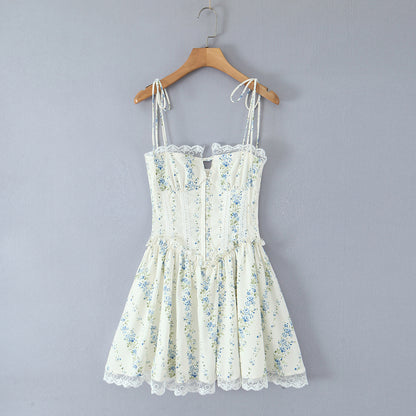 Women Clothing Sexy Sexy Lace Stitching Printing Waist Tight Dress