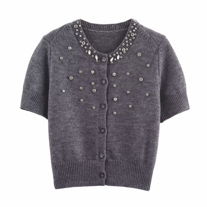 Spring round Neck Short Sleeve Jewelry Inlaid Rib round Neck ShortSleeved Knitted Cardigan