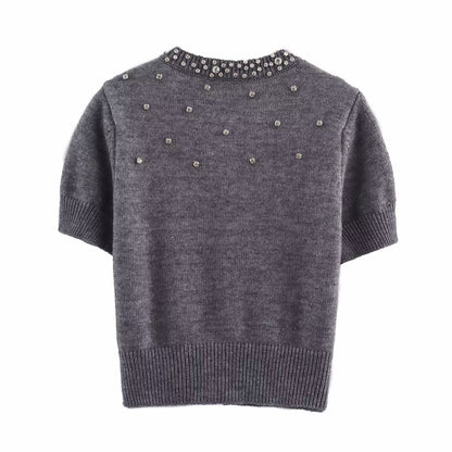 Spring round Neck Short Sleeve Jewelry Inlaid Rib round Neck ShortSleeved Knitted Cardigan