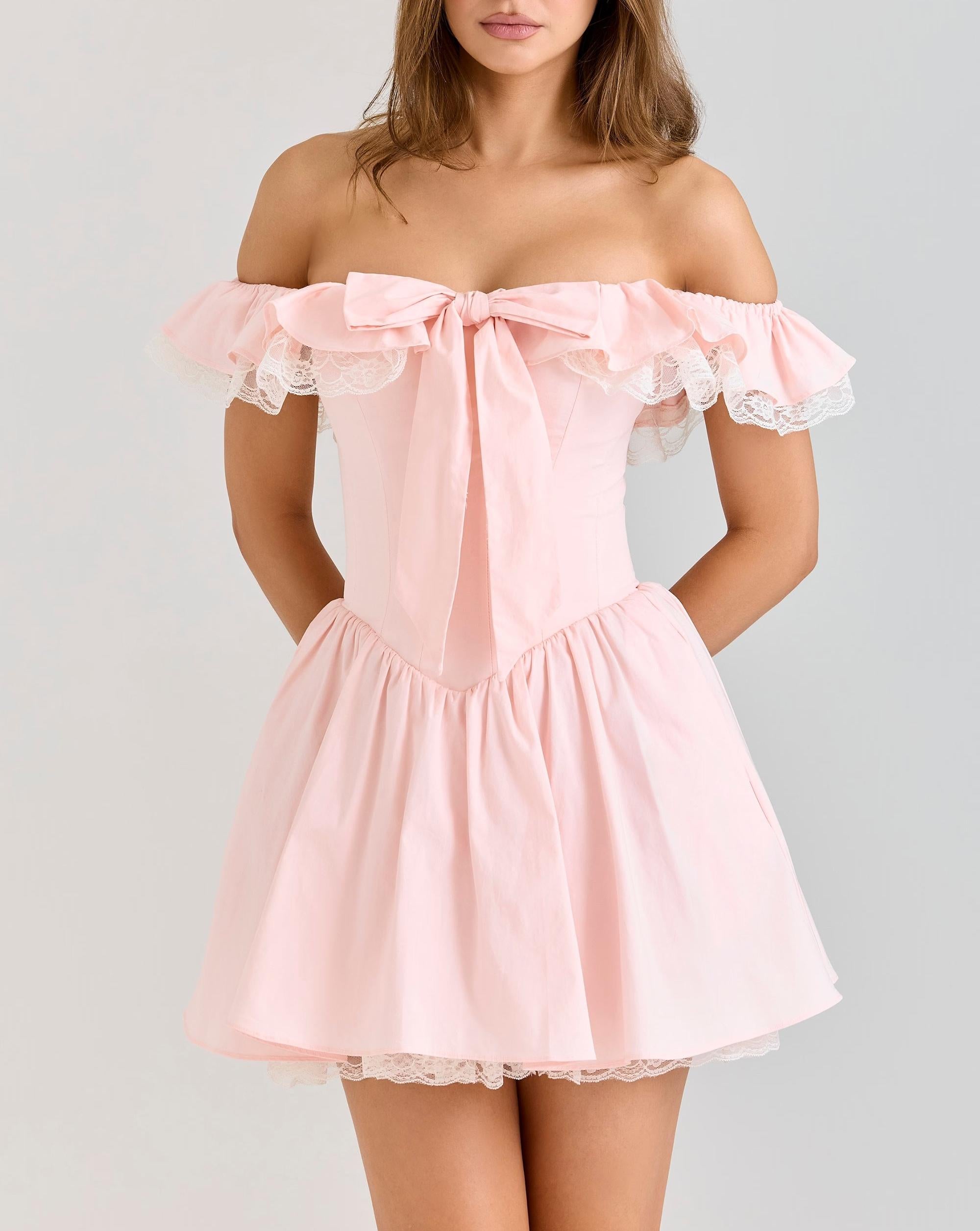 Pink off Neck Lace Stitching Mini Dress TinkleBell