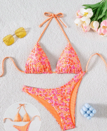 Sexy Printing Double Sided Swimsuit Swimwear Women Split Bikini Two Piece Sets Wing Lok