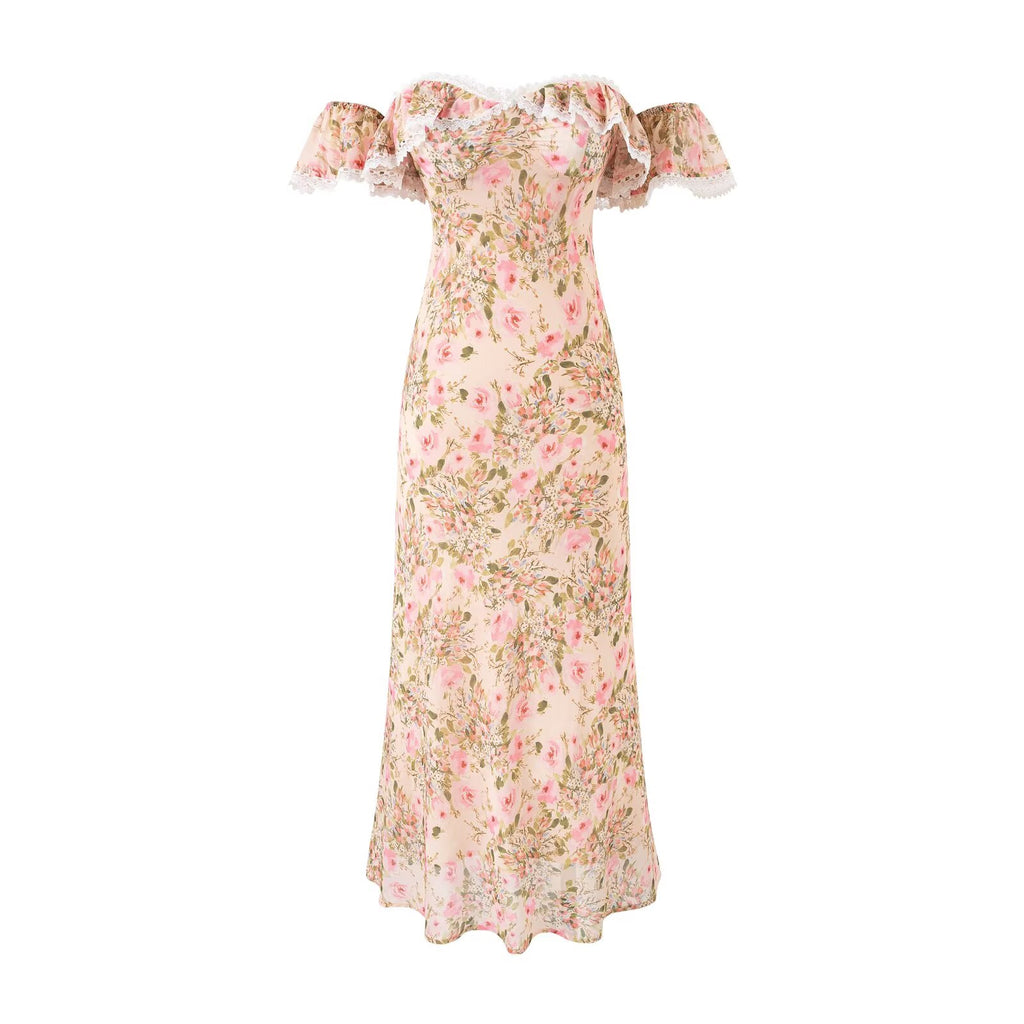 Gentle off Neck Ruffled Floral Dress Fishtail Summer Waisted Slim Fit Package Hip Long Women PullWind