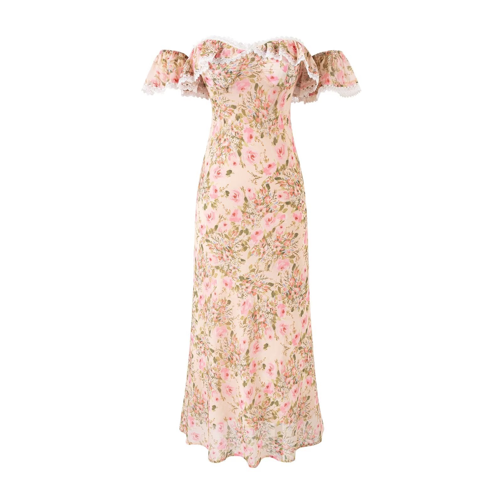 Gentle off Neck Ruffled Floral Dress Fishtail Summer Waisted Slim Fit Package Hip Long Women PullWind