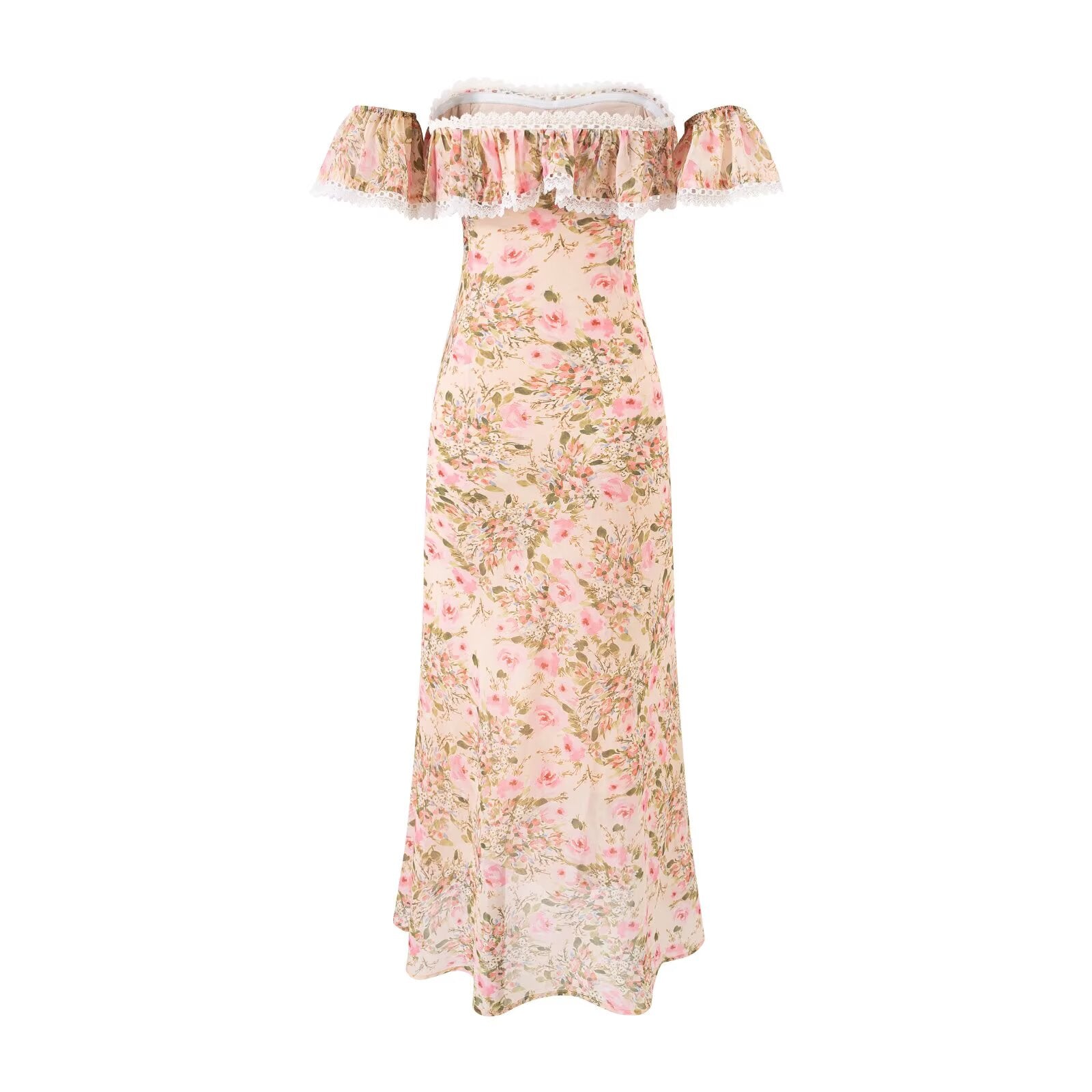 Gentle off Neck Ruffled Floral Dress Fishtail Summer Waisted Slim Fit Package Hip Long Women PullWind