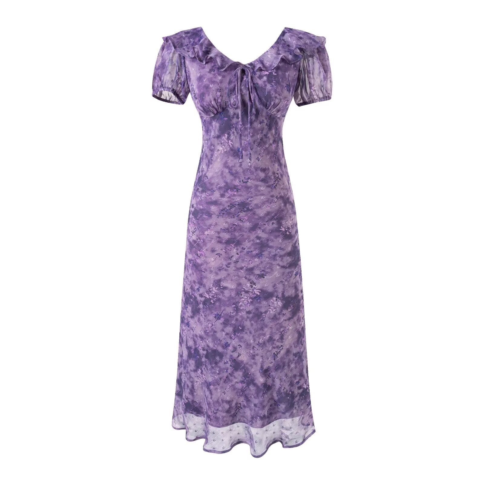 Vestido morado de verano con cuello con volantes, mangas abullonadas, escote de manga corta y cordones, vestido largo adelgazante de cintura para mujer