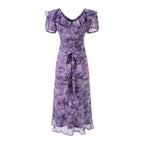 Vestido morado de verano con cuello con volantes, mangas abullonadas, escote de manga corta y cordones, vestido largo adelgazante de cintura para mujer