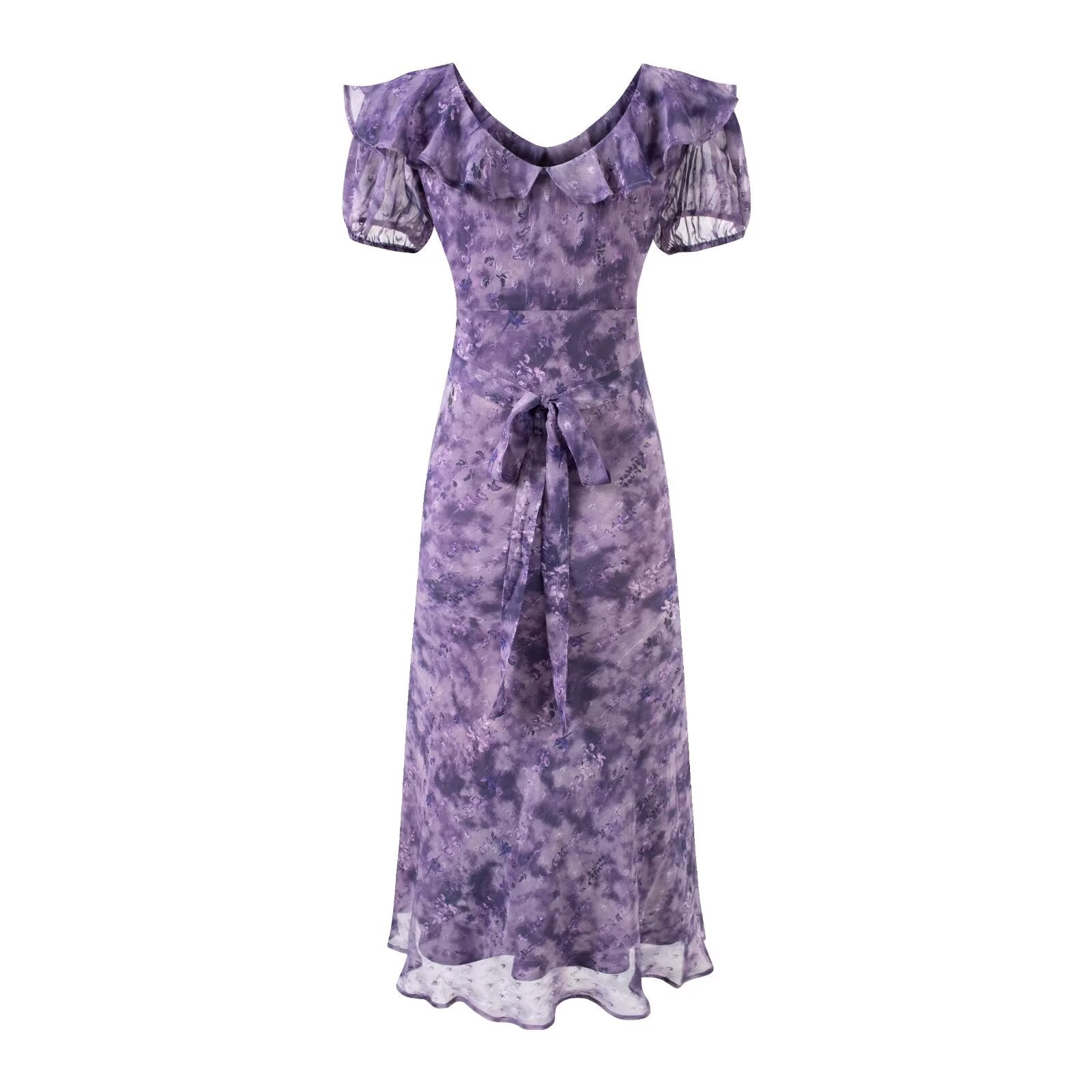 Vestido morado de verano con cuello con volantes, mangas abullonadas, escote de manga corta y cordones, vestido largo adelgazante de cintura para mujer