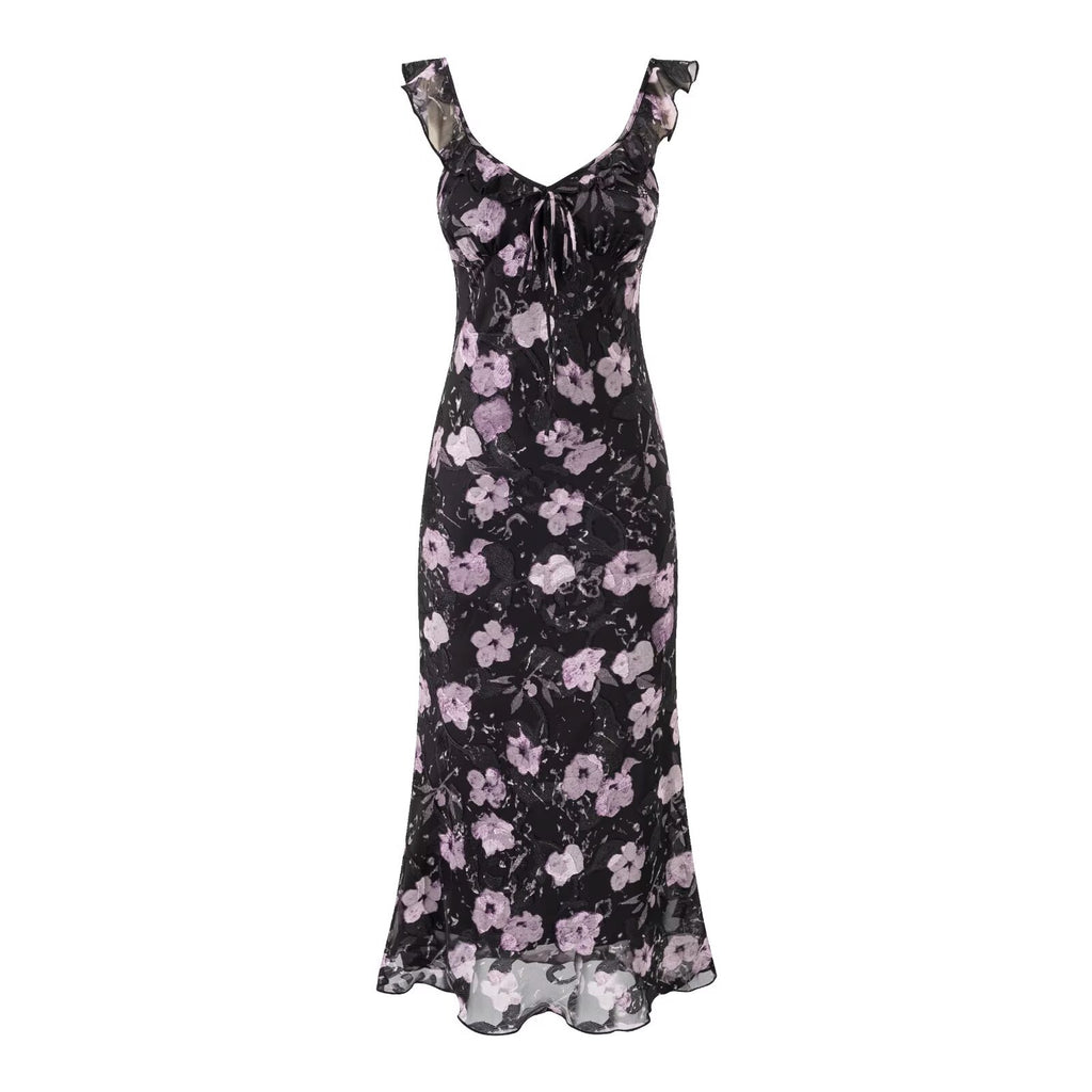 Robe longue imprimée à bretelles, col en V à volants et lacets, coupe sirène, taille cintrée, style vacances