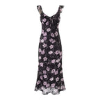 Robe longue imprimée à bretelles, col en V à volants et lacets, coupe sirène, taille cintrée, style vacances