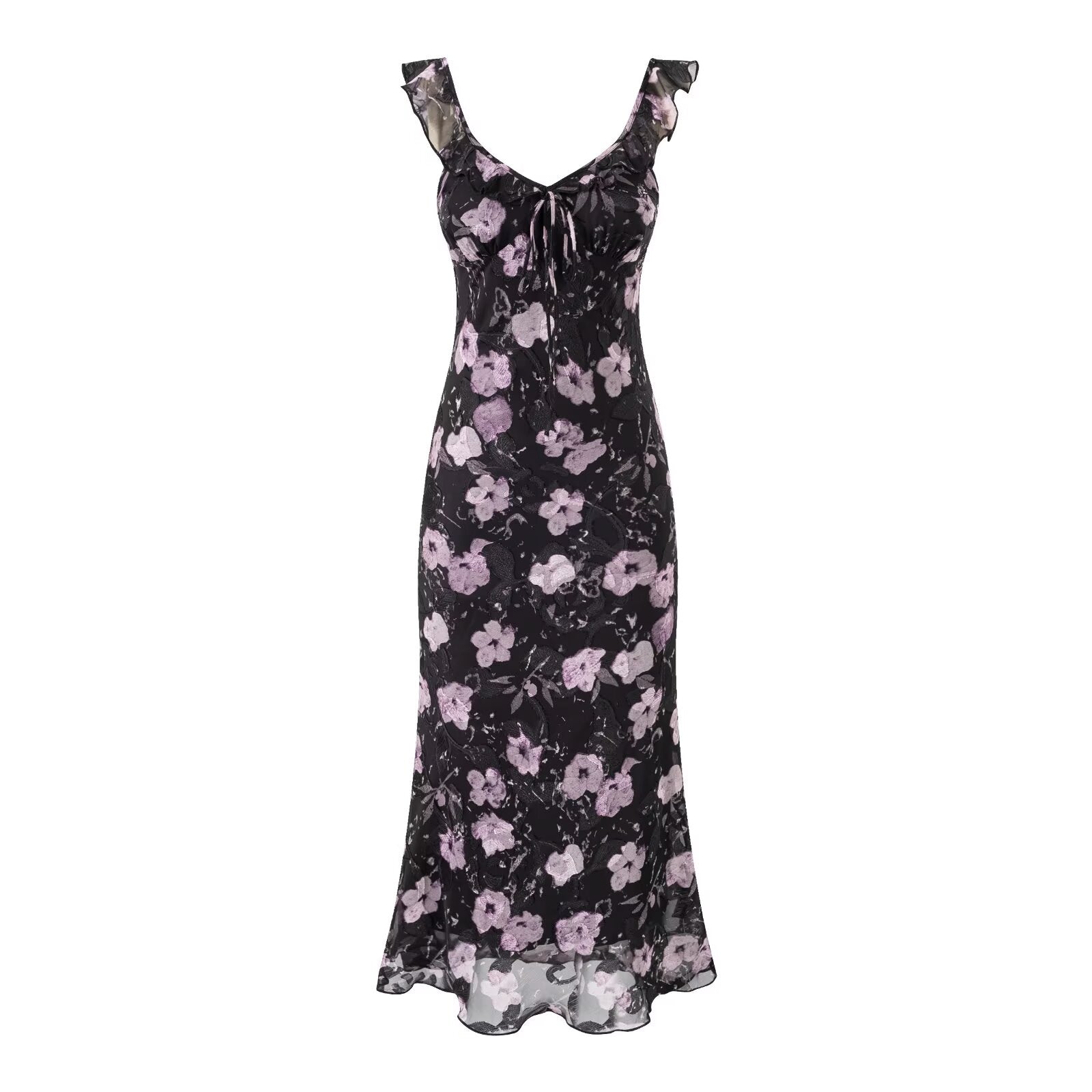 Robe longue imprimée à bretelles, col en V à volants et lacets, coupe sirène, taille cintrée, style vacances