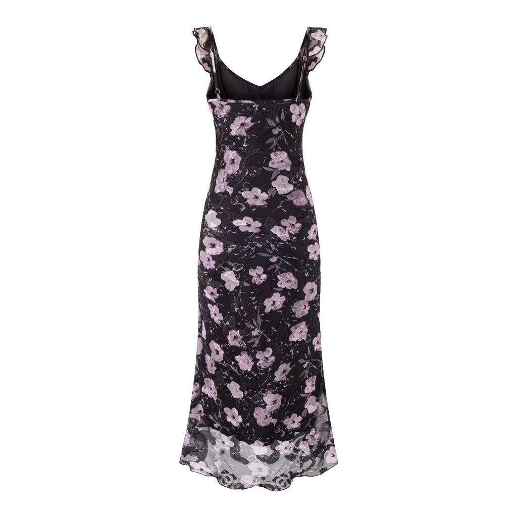Robe longue imprimée à bretelles, col en V à volants et lacets, coupe sirène, taille cintrée, style vacances