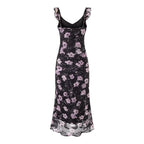 Robe longue imprimée à bretelles, col en V à volants et lacets, coupe sirène, taille cintrée, style vacances