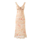 Summer Ruffled V neck Front Strap Printing Slim Fit Sheath Dress PullWind