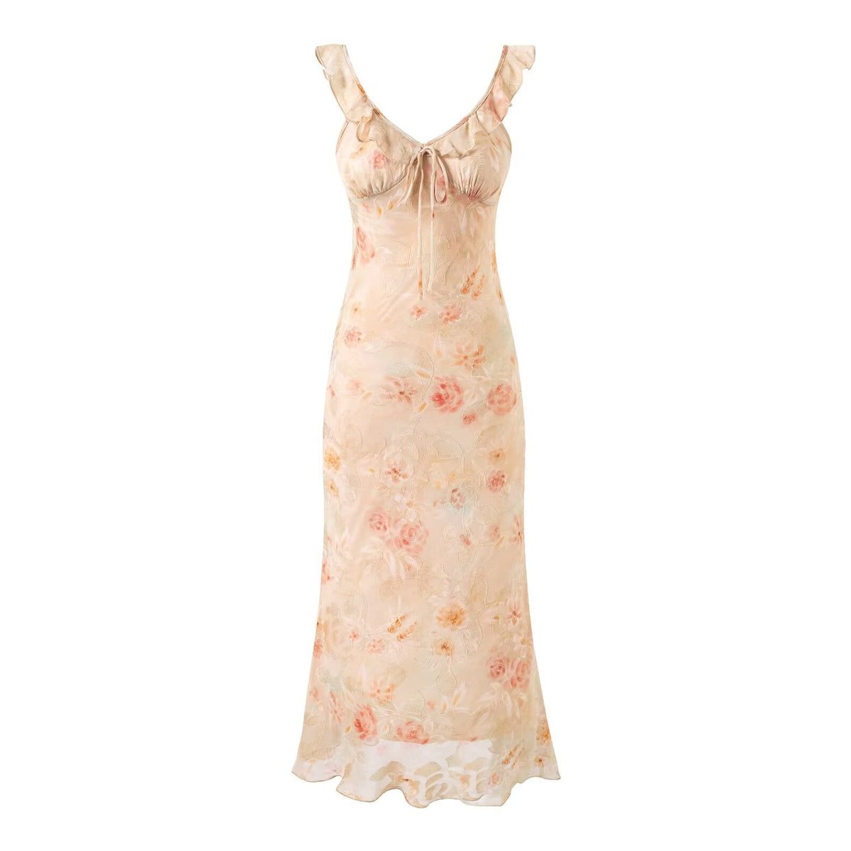 Summer Ruffled V neck Front Strap Printing Slim Fit Sheath Dress PullWind