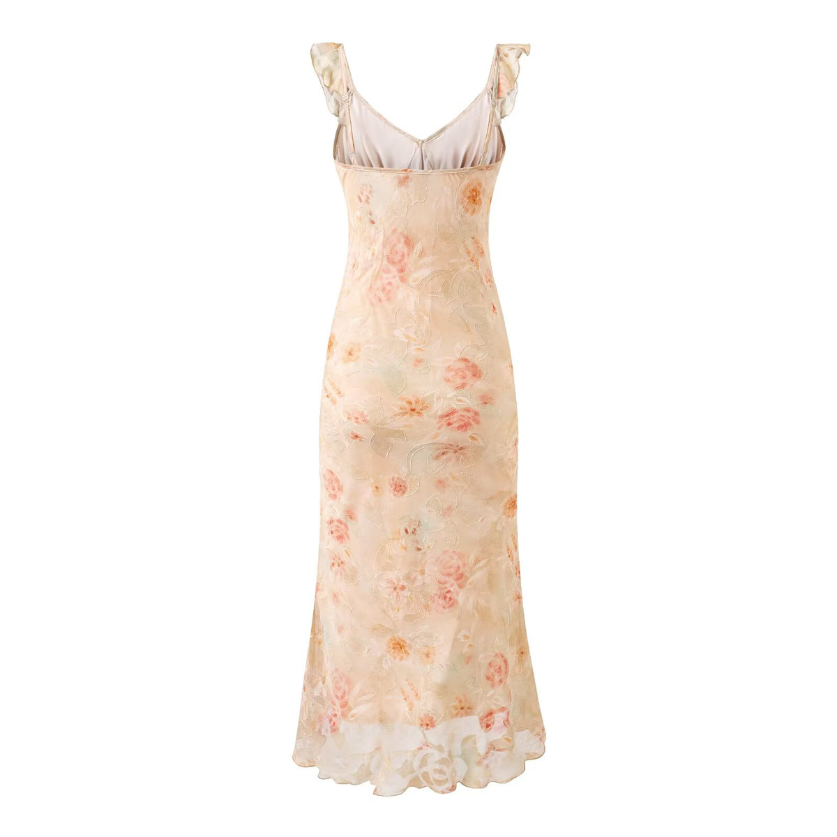 Summer Ruffled V neck Front Strap Printing Slim Fit Sheath Dress PullWind
