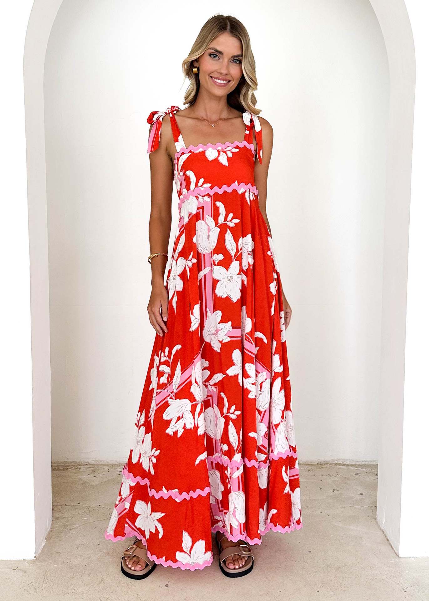 Small Floral Wave Strap Halter A line Dress Women XINXI