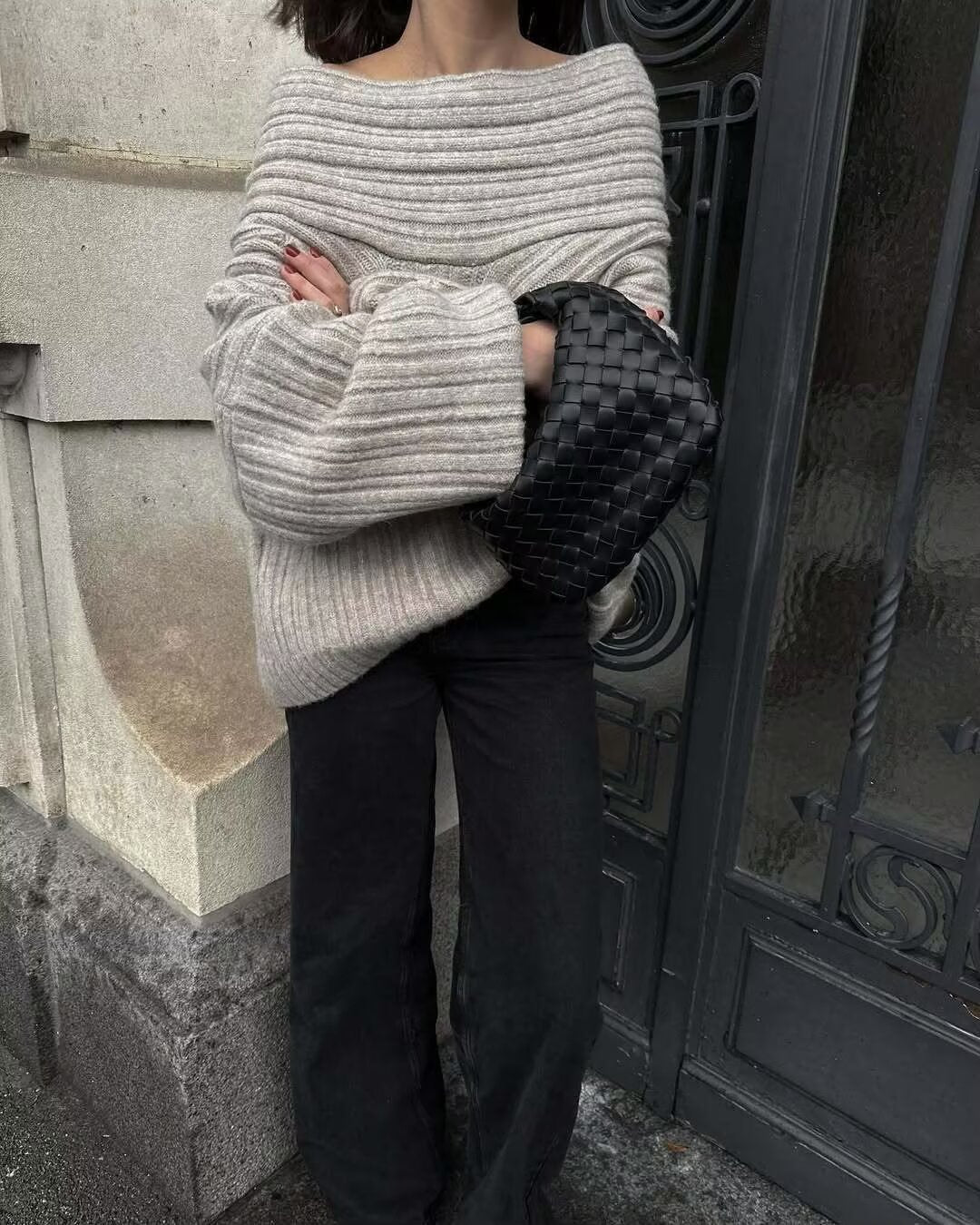 Trendy Casual All Matching Lazy off Shoulder Shoulder Knitwear Sweater Women