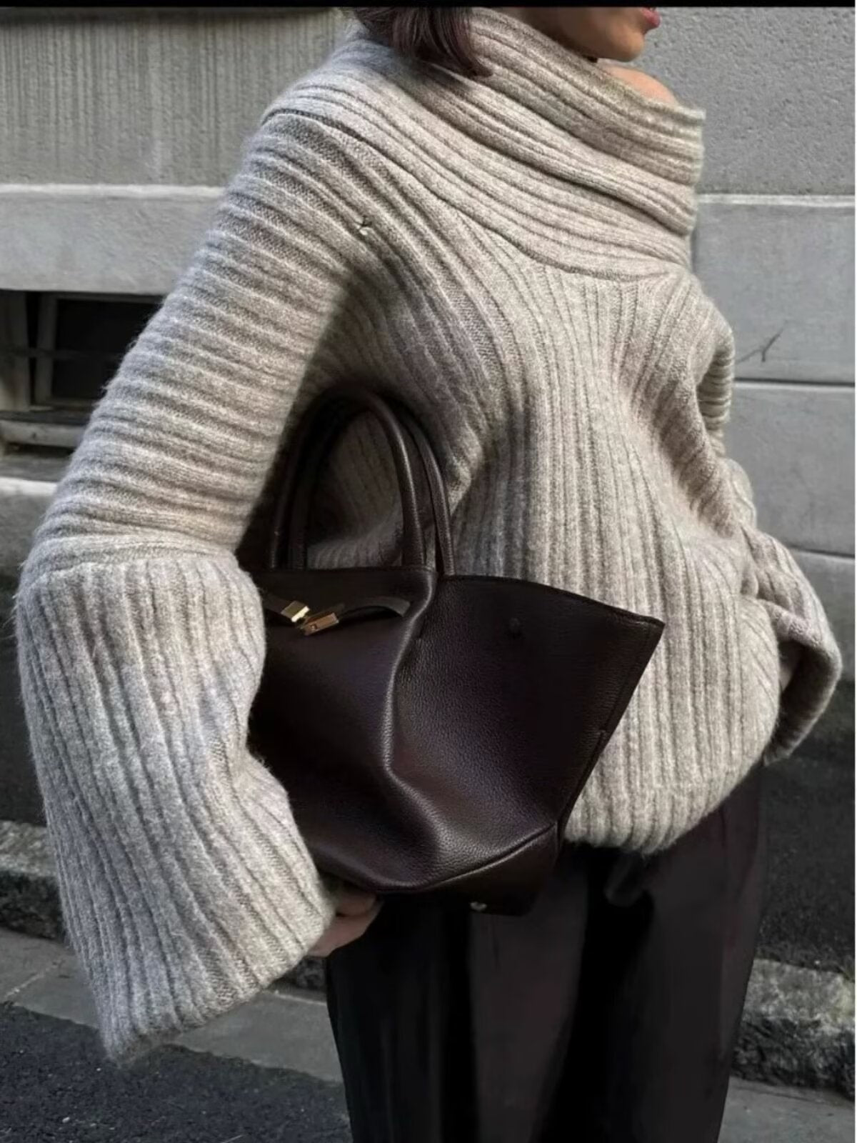 Trendy Casual All Matching Lazy off Shoulder Shoulder Knitwear Sweater Women