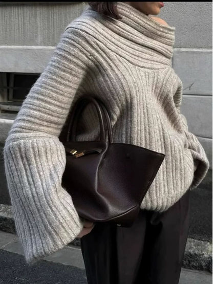 Trendy Casual All Matching Lazy off Shoulder Shoulder Knitwear Sweater Women