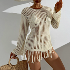 Beach Cover up Hollow Out Cutout out Knitted Dress Long Sleeve All Match Sun Protection Solid Color Tassel Dress See through Simple Sense