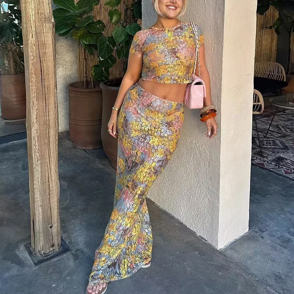 Printing Cropped Top Mid Length Skirt Set