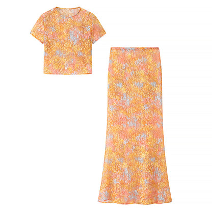 Printing Cropped Top Mid Length Skirt Set