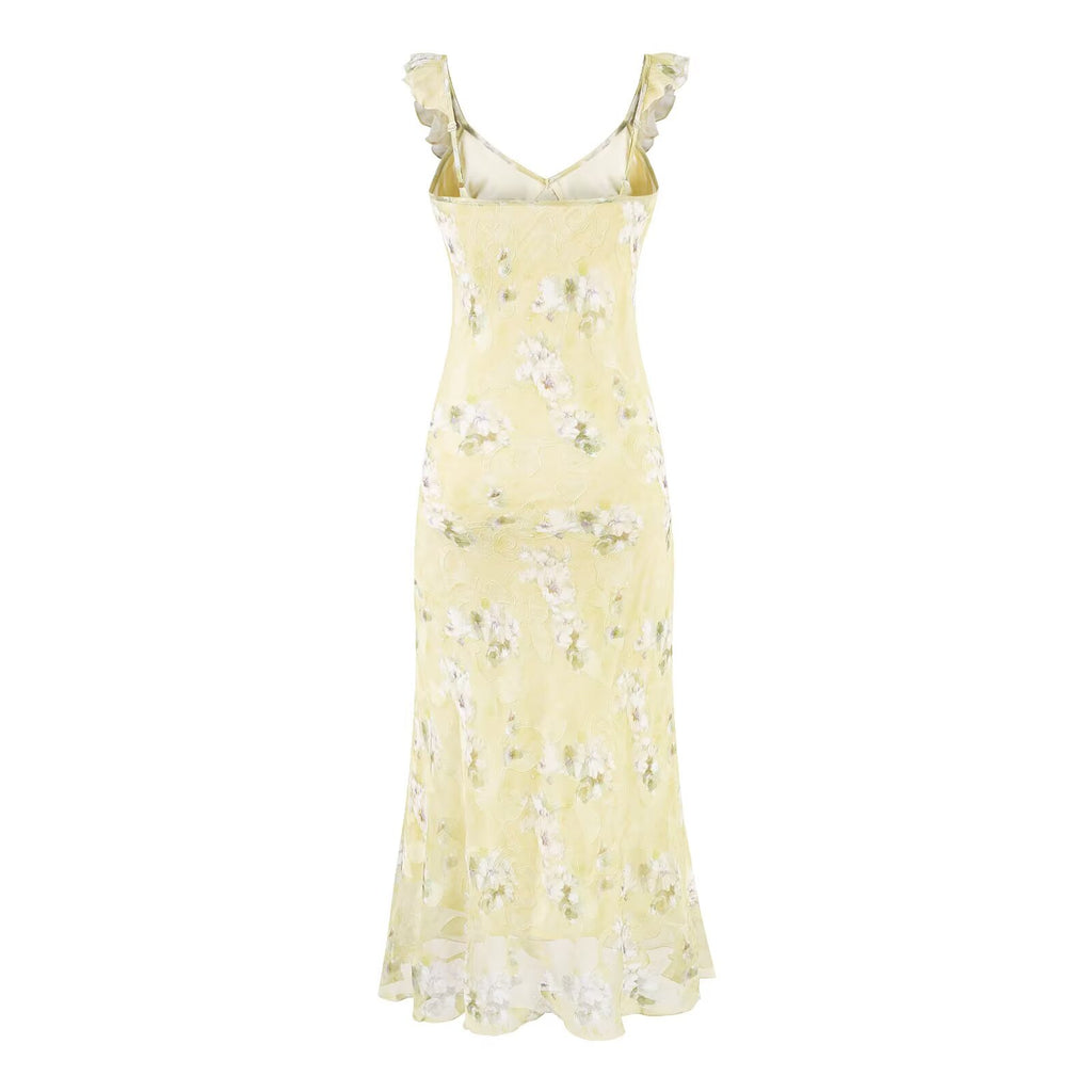 Summer Sexy V neck Flounce Chest Strap Small Floral Dress PullWind