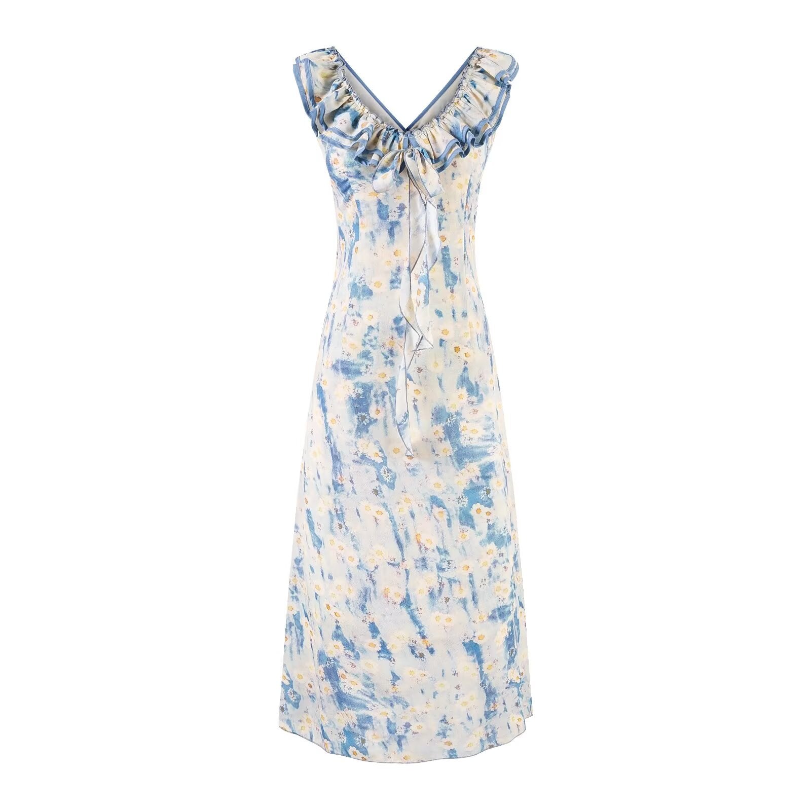 Sweet Printed Chic Ruffled V neck Maxi Dress Vintage Slim Fit Backless Vacation PullWind