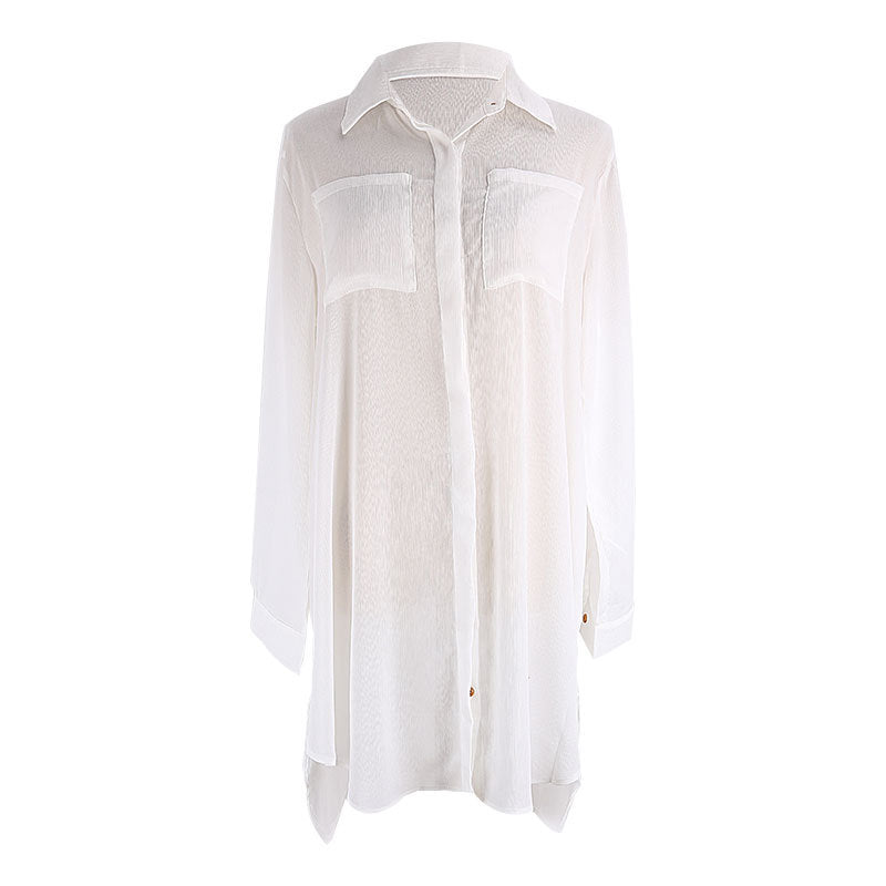 Woven Crepe Shirt Hidden Hook Beach Cover up Bikini Coat Shirt Swimsuit Cardigan Women EvenStar