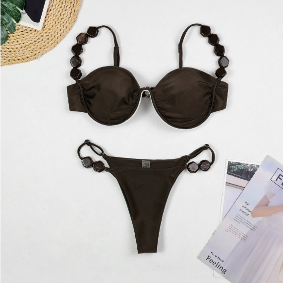 Bikini con soporte de acero para mujer, traje de baño sexy de color liso para vacaciones en la playa