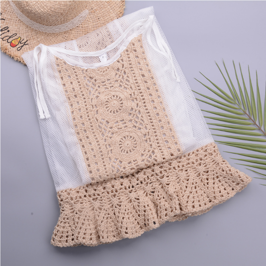 Beach Vacation Hollow Out Cutout out Long Hanging Tassel Beach Mesh Blouse Sun Protection Sling Dress