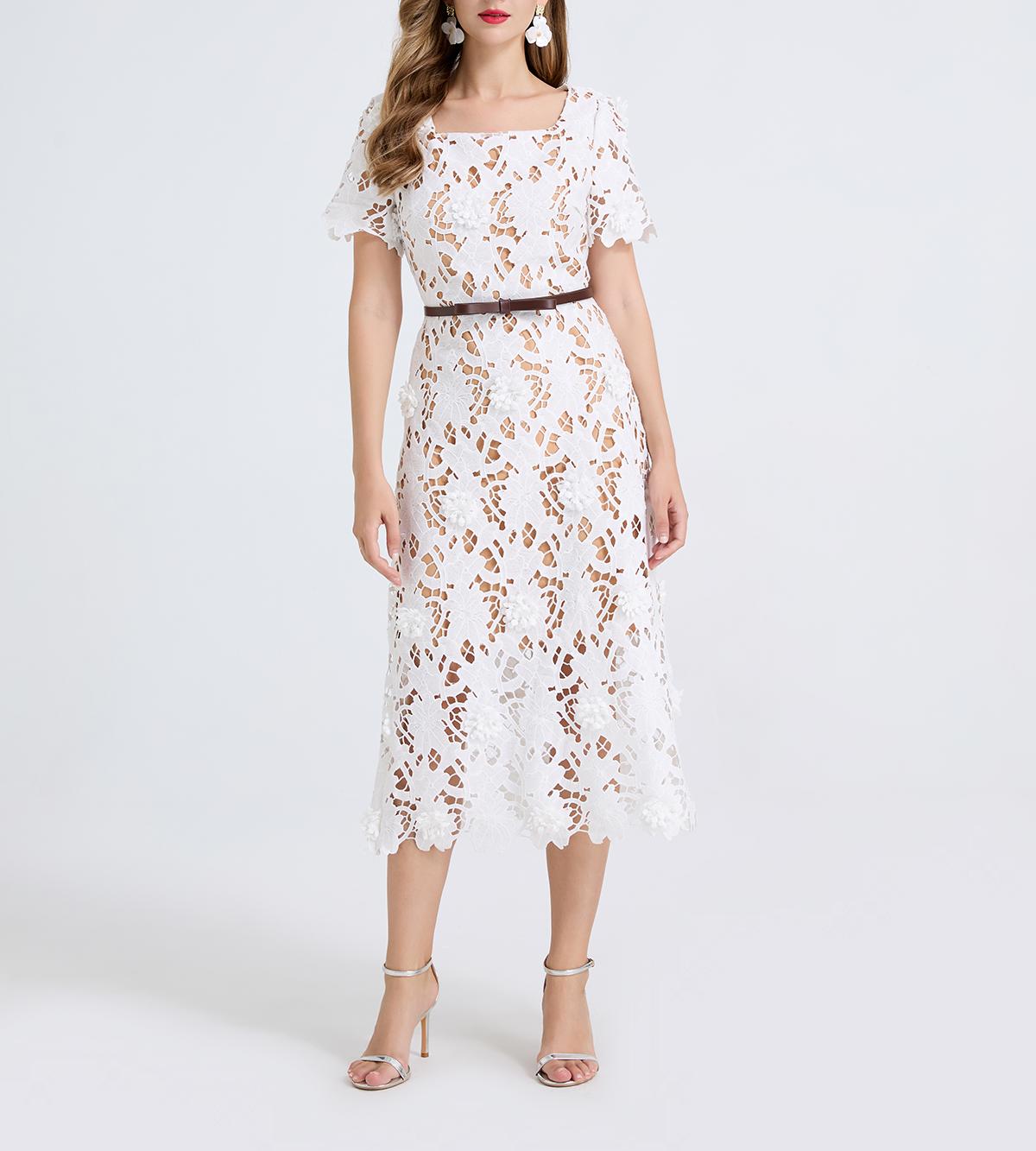 Women Elegant Water-Soluble Lace Open Square Neck Short Sleeved Dress ESUNG