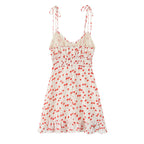 Spring Summer Sweet Printed Chic Wooden Ear Suspender French V neck Slim Short Dress OMI