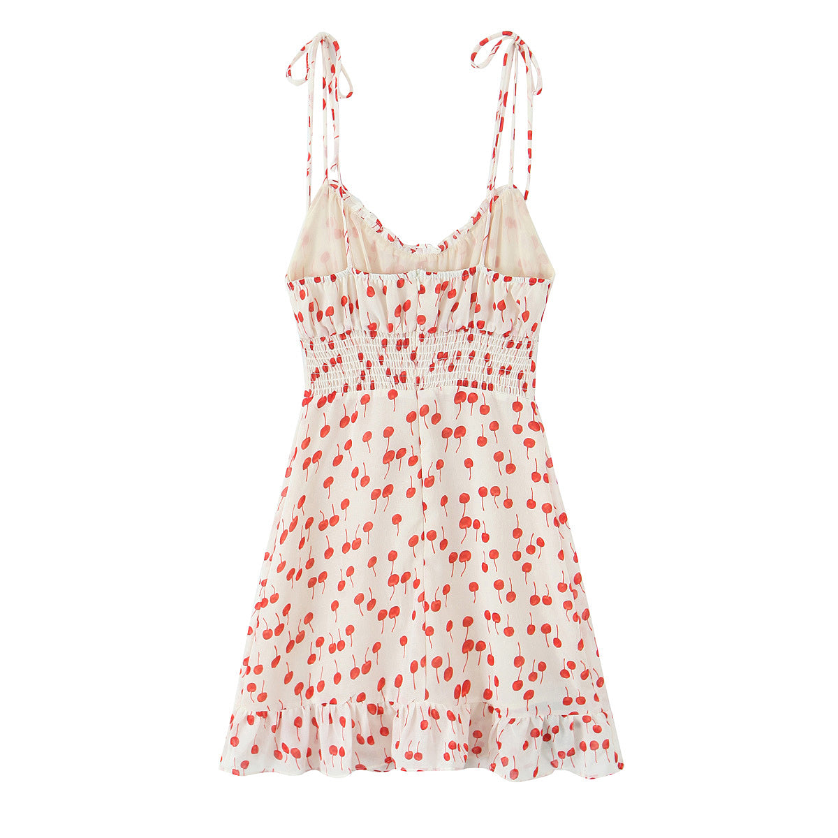 Spring Summer Sweet Printed Chic Wooden Ear Suspender French V neck Slim Short Dress OMI