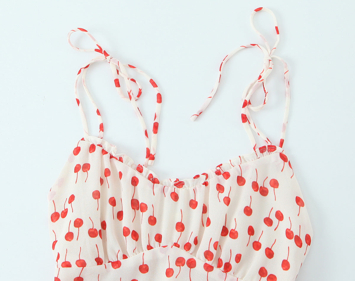 Spring Summer Sweet Printed Chic Wooden Ear Suspender French V neck Slim Short Dress OMI