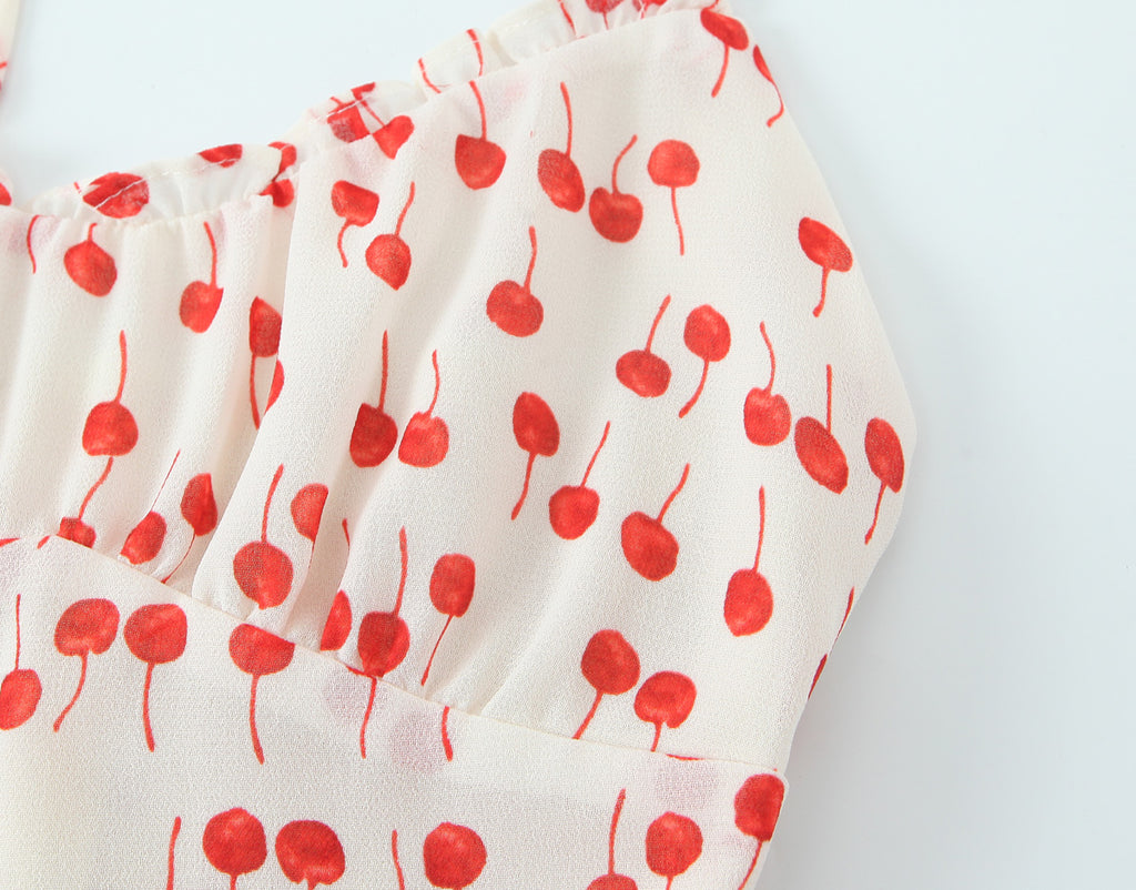 Spring Summer Sweet Printed Chic Wooden Ear Suspender French V neck Slim Short Dress OMI