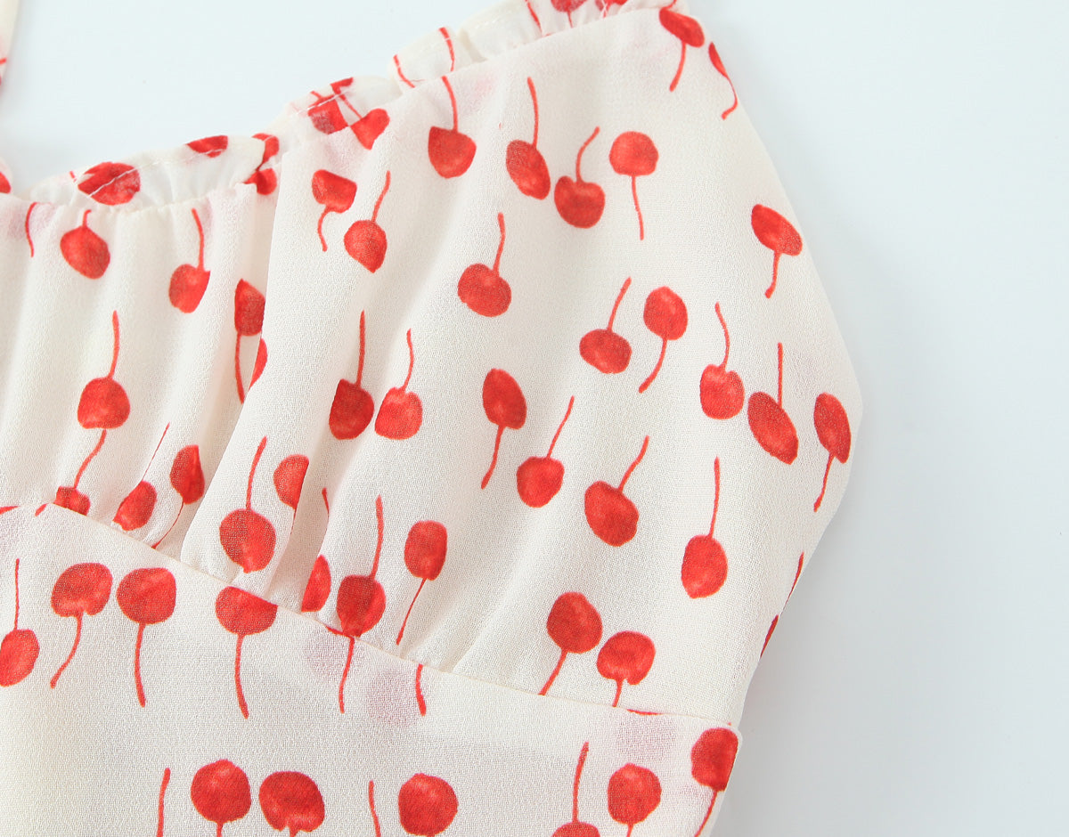 Spring Summer Sweet Printed Chic Wooden Ear Suspender French V neck Slim Short Dress OMI