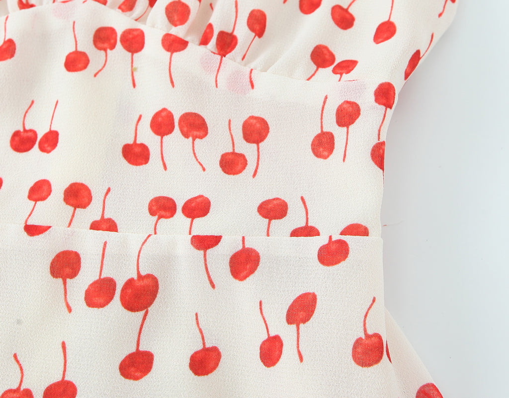 Spring Summer Sweet Printed Chic Wooden Ear Suspender French V neck Slim Short Dress OMI